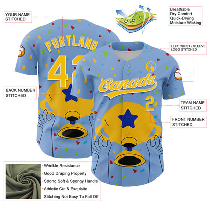 Custom Light Blue Yellow-White 3D Pattern Design Champion Trophy Authentic Baseball Jersey