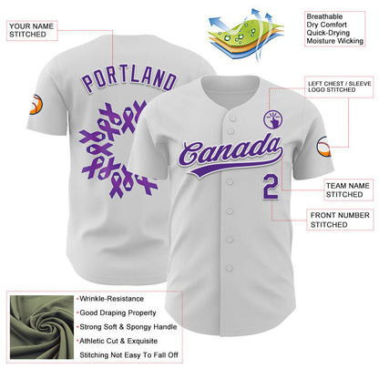 Custom White Purple 3D Pancreatic Cancer Ribbon Authentic Baseball Jersey