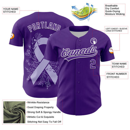 Custom Purple White 3D Gastric Cancer Ribbon Authentic Baseball Jersey