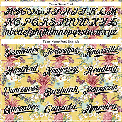 Custom Yellow Black-White 3D Hawaii Tropical Leaves Flower Pineapple Authentic Baseball Jersey