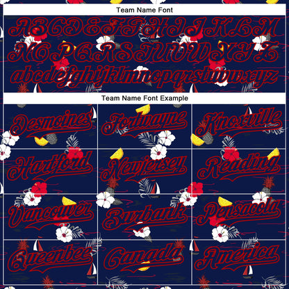 Custom Navy Red 3D Hawaii Tropical Leaves And Flowers Authentic Baseball Jersey