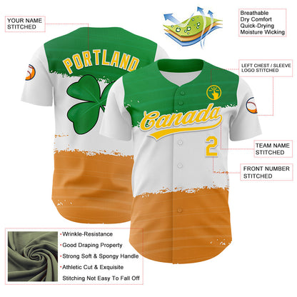 Custom Green Yellow-Texas Orange 3D St. Patrick's Day Shamrock Authentic Baseball Jersey