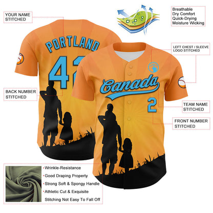 Custom Bay Orange Sky Blue-Black 3D Pattern Design Father's Day Family Love Authentic Baseball Jersey