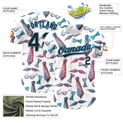 Custom White Black-Sky Blue 3D Pattern Design Father's Day Mustache And Tie Authentic Baseball Jersey
