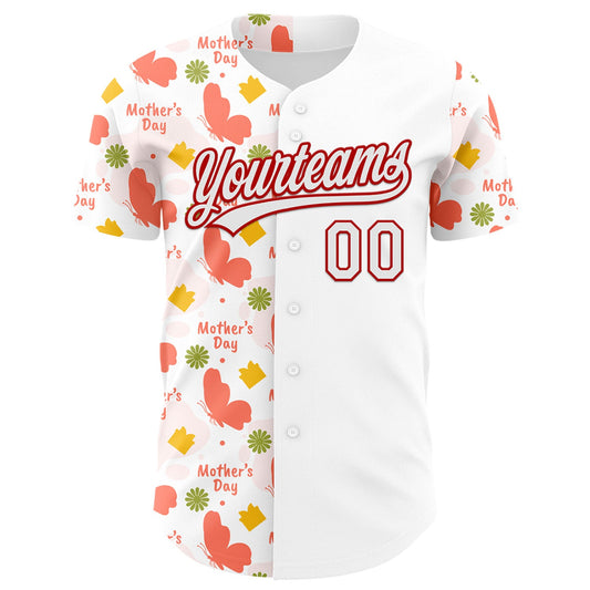 Custom White Red 3D Pattern Design Mother's Day Love Authentic Baseball Jersey