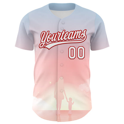 Custom Light Pink White-Red 3D Pattern Design Mother's Day Family Love Authentic Baseball Jersey