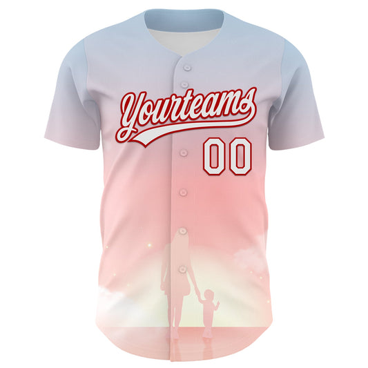 Custom Light Pink White-Red 3D Pattern Design Mother's Day Family Love Authentic Baseball Jersey