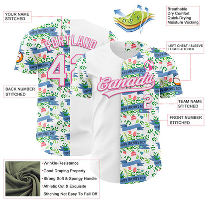 Custom White Pink 3D Pattern Design Mother's Day Flower Authentic Baseball Jersey