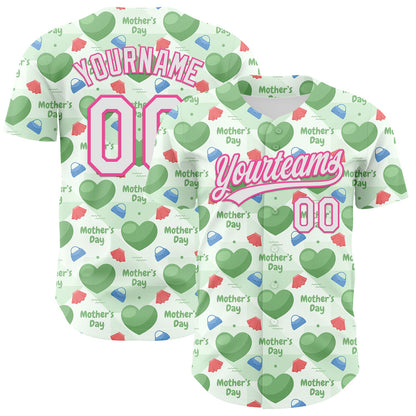 Custom Green White-Pink 3D Pattern Design Mother's Day Love Authentic Baseball Jersey