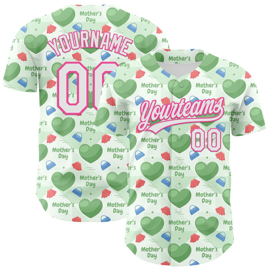 Custom Green White-Pink 3D Pattern Design Mother's Day Love Authentic Baseball Jersey