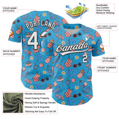Custom Sky Blue White-Black 3D Hawaii Beach Authentic Baseball Jersey