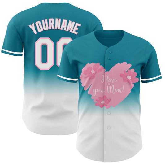 Custom Teal White-Light Pink 3D Pattern Design Gradient Mother's Day Love And Flower Authentic Baseball Jersey
