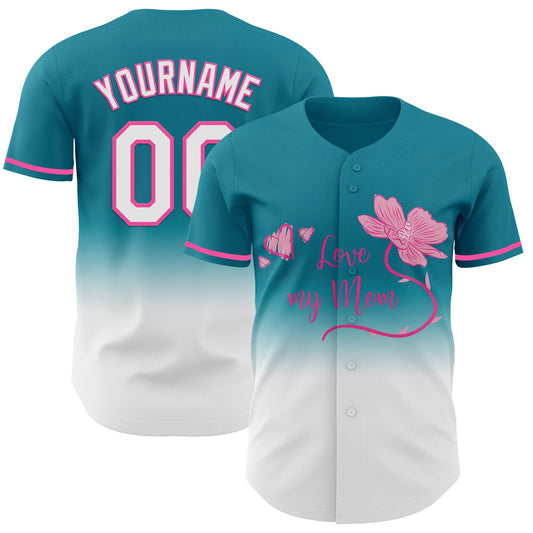 Custom Teal White-Pink 3D Pattern Design Gradient Mother's Day Love And Flower Authentic Baseball Jersey