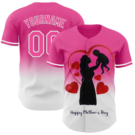Custom Pink White 3D Pattern Design Gradient Mother's Day Family Love Authentic Baseball Jersey