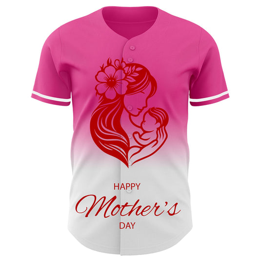Custom Pink White-Red 3D Pattern Design Gradient Mother's Day Family Love Authentic Baseball Jersey