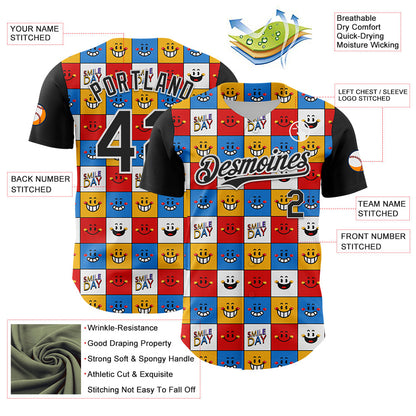 Custom White Black 3D Pattern Design Funny Cartoon Emoji Smile Face Authentic Baseball Jersey