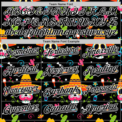 Custom Black White 3D Mexican Festival Flower Skull With Sombrero Cinco de Mayo Authentic Baseball Jersey