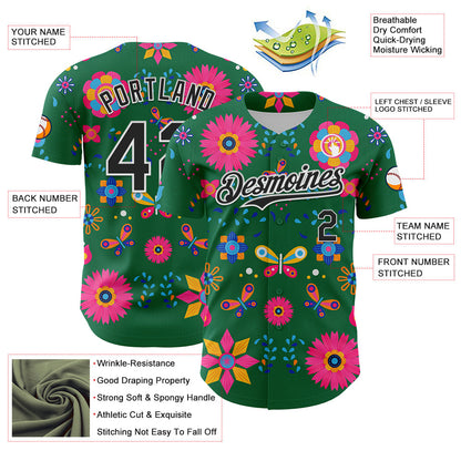 Custom Kelly Green Black-White 3D Mexican Festival Flower Cinco de Mayo Authentic Baseball Jersey