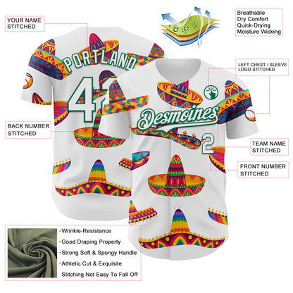 Custom White Kelly Green 3D Mexican Festival Sombrero Cinco de Mayo Authentic Baseball Jersey