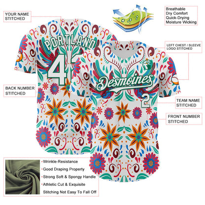 Custom White Kelly Green 3D Mexican Festival Flower Cinco de Mayo Authentic Baseball Jersey