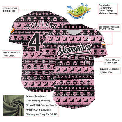 Custom Black Light Pink-White 3D Gothic Skull Authentic Baseball Jersey