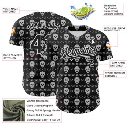 Custom Black White 3D Gothic Skull Authentic Baseball Jersey