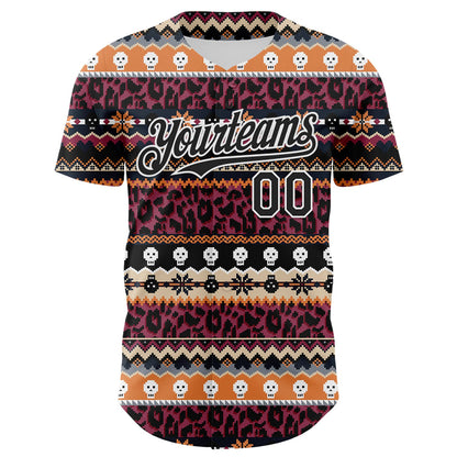 Custom Black White 3D Skull And Leopard Print Authentic Baseball Jersey