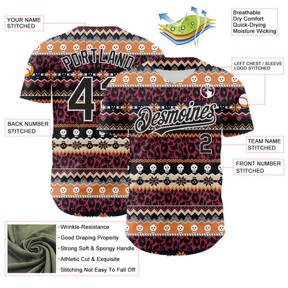 Custom Black White 3D Skull And Leopard Print Authentic Baseball Jersey