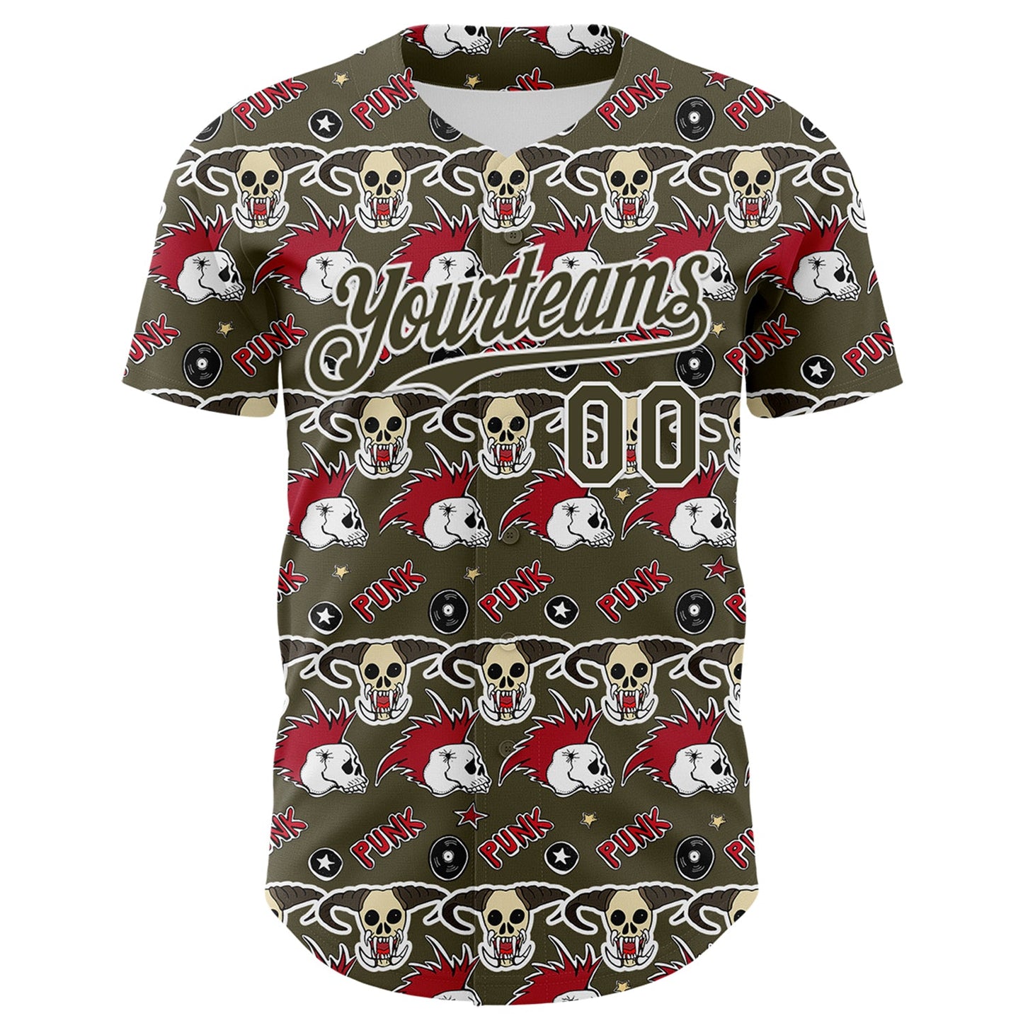 Custom Olive White 3D Punk Rock Skull Authentic Baseball Jersey
