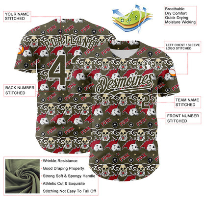 Custom Olive White 3D Punk Rock Skull Authentic Baseball Jersey