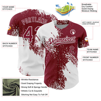Custom White Crimson 3D Pattern Design Abstract Brush Stroke Authentic Baseball Jersey