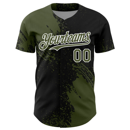 Custom Olive Black-White 3D Pattern Design Abstract Brush Stroke Authentic Baseball Jersey