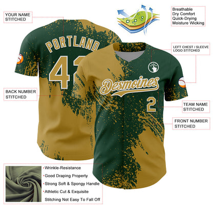 Custom Old Gold Green-White 3D Pattern Design Abstract Brush Stroke Authentic Baseball Jersey