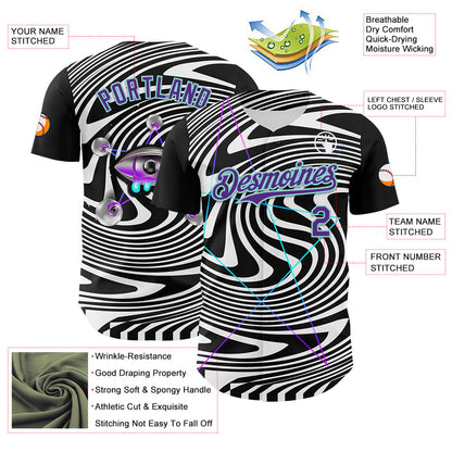 Custom Black Purple-Ice Blue 3D Pattern Design Rave Psychedelic Fluid Art Authentic Baseball Jersey