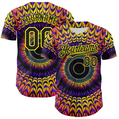 Custom Black Light Yellow 3D Pattern Design Rave Psychedelic Fractal Style Authentic Baseball Jersey