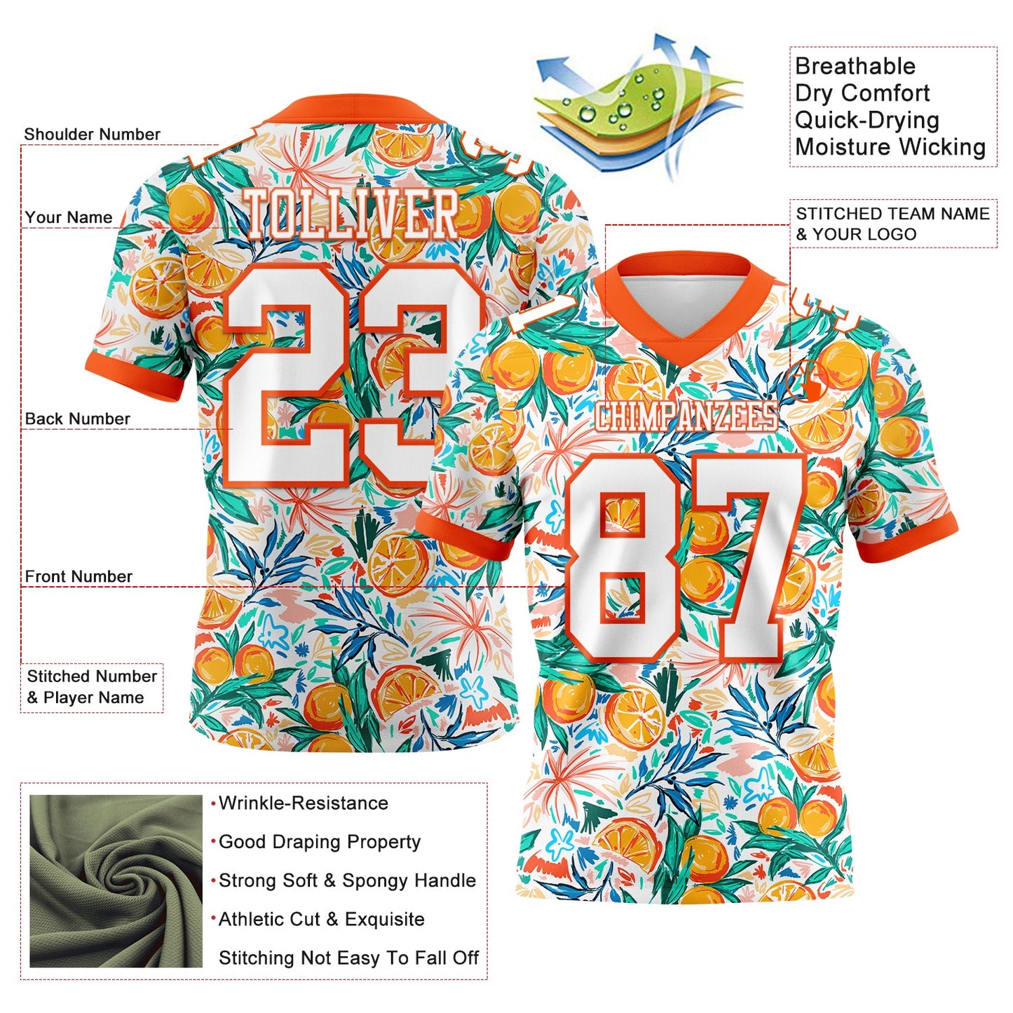 Custom White Orange 3D Pattern Fruit Mesh Authentic Football Jersey