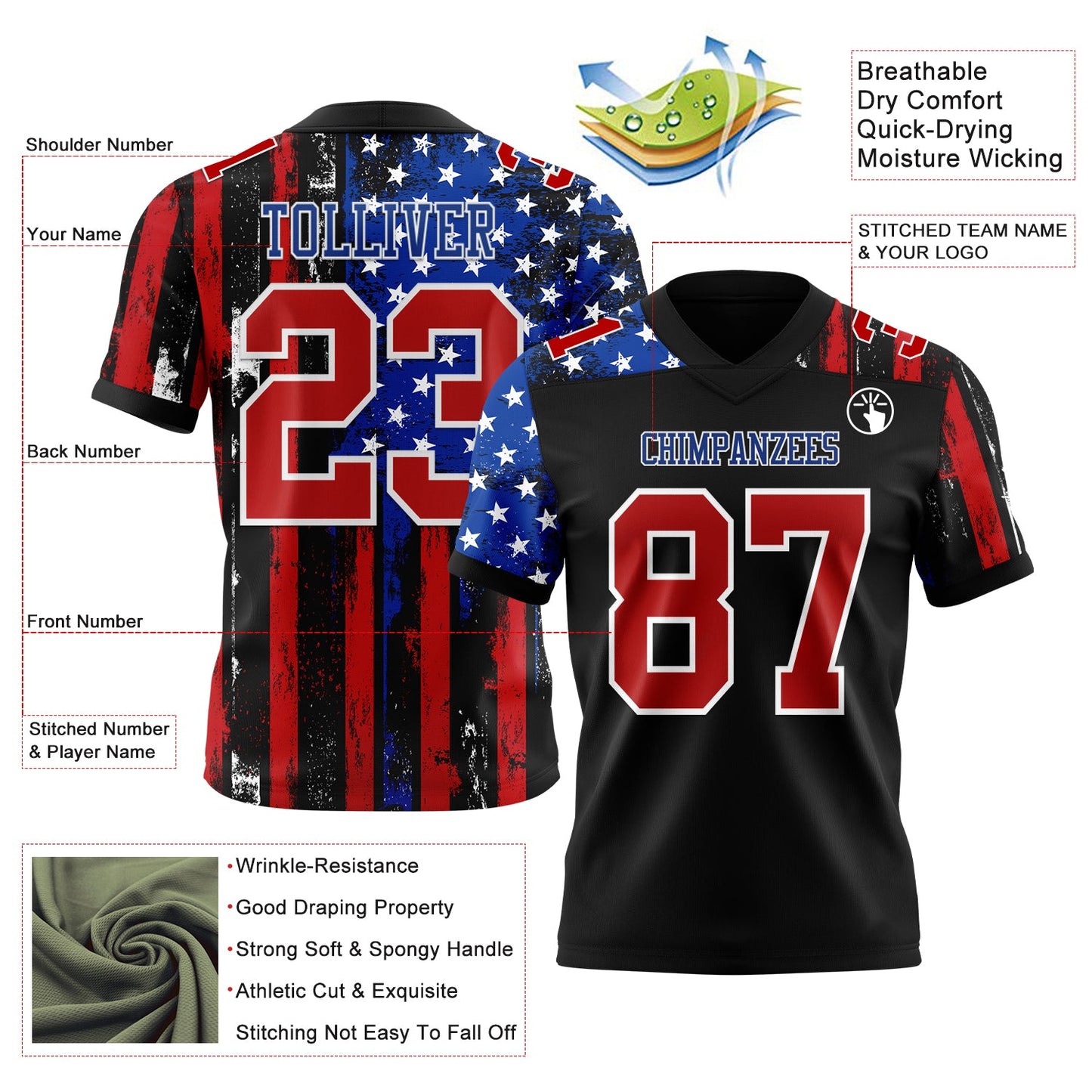 Custom Black Red Royal-White 3D Pattern American Flag Mesh Authentic Football Jersey