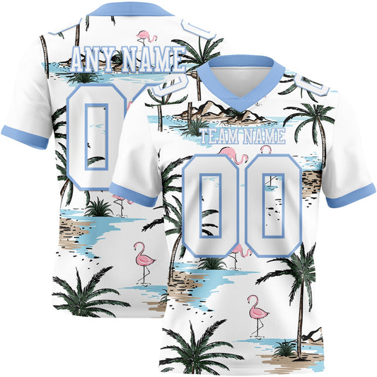 Custom White Light Blue 3D Pattern Hawaii Palm Trees Mesh Authentic Football Jersey