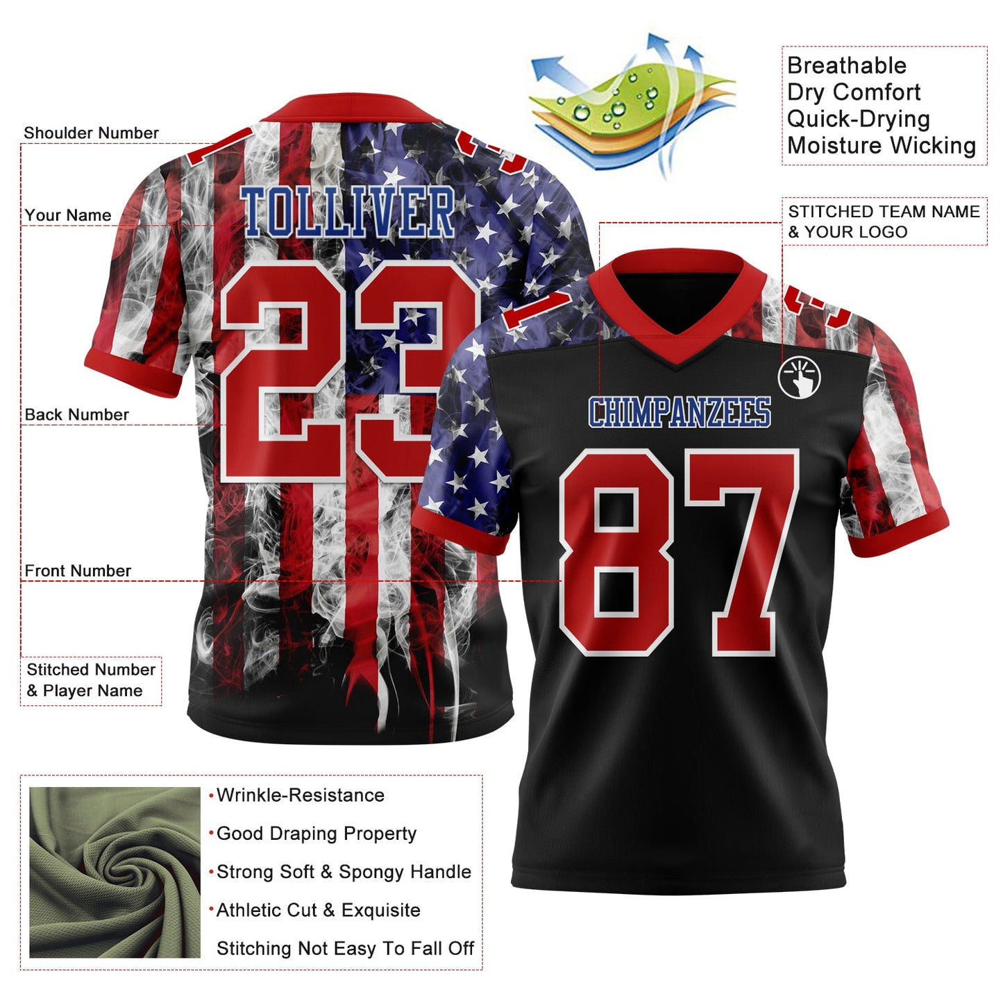 Custom Black Red Royal-White 3D Pattern American Flag Mesh Authentic Football Jersey