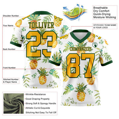Custom White Gold-Green 3D Pattern Fruit Pineapple Mesh Authentic Football Jersey