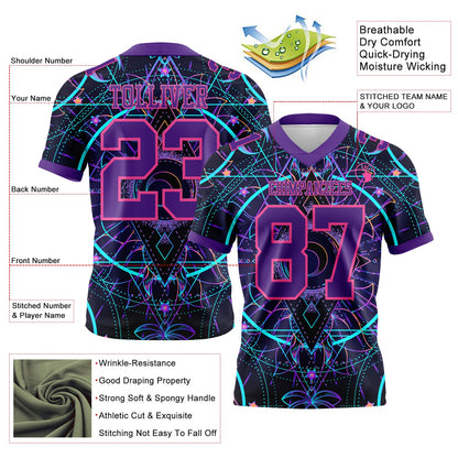 Custom Black Purple-Pink 3D Pattern Magic Mushrooms Over Sacred Geometry Psychedelic Hallucination Mesh Authentic Football Jersey