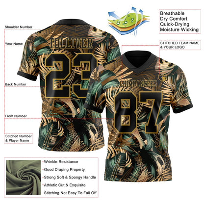 Custom Black Old Gold 3D Pattern Tropical Hawaii Jungle Leaves Mesh Authentic Football Jersey