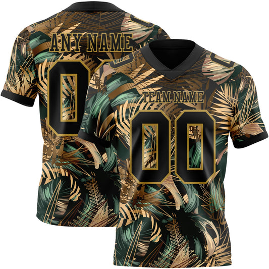 Custom Black Old Gold 3D Pattern Tropical Hawaii Jungle Leaves Mesh Authentic Football Jersey