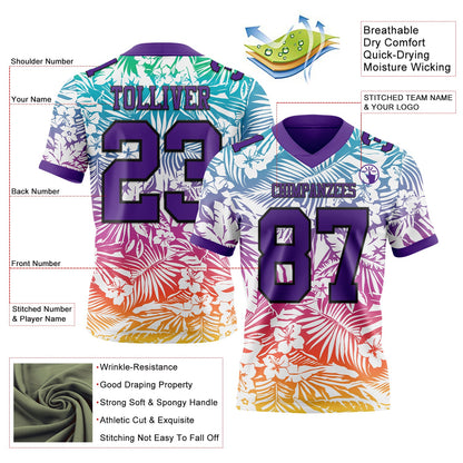 Custom White Purple-Black 3D Pattern Tropical Hawaii Jungle Leaves Mesh Authentic Football Jersey