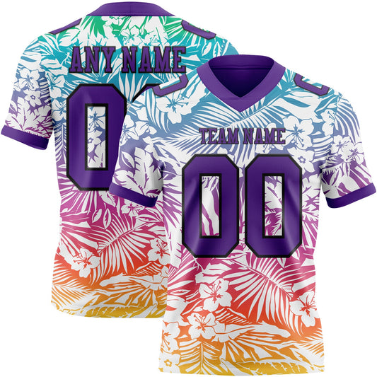 Custom White Purple-Black 3D Pattern Tropical Hawaii Jungle Leaves Mesh Authentic Football Jersey