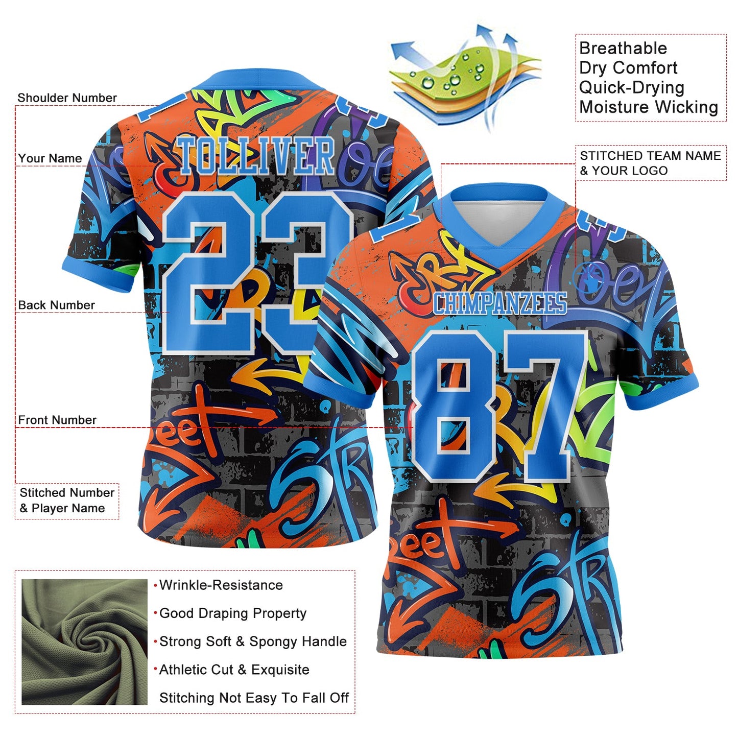 Custom Graffiti Pattern Powder Blue-White 3D Pattern Splash Mesh Authentic Football Jersey