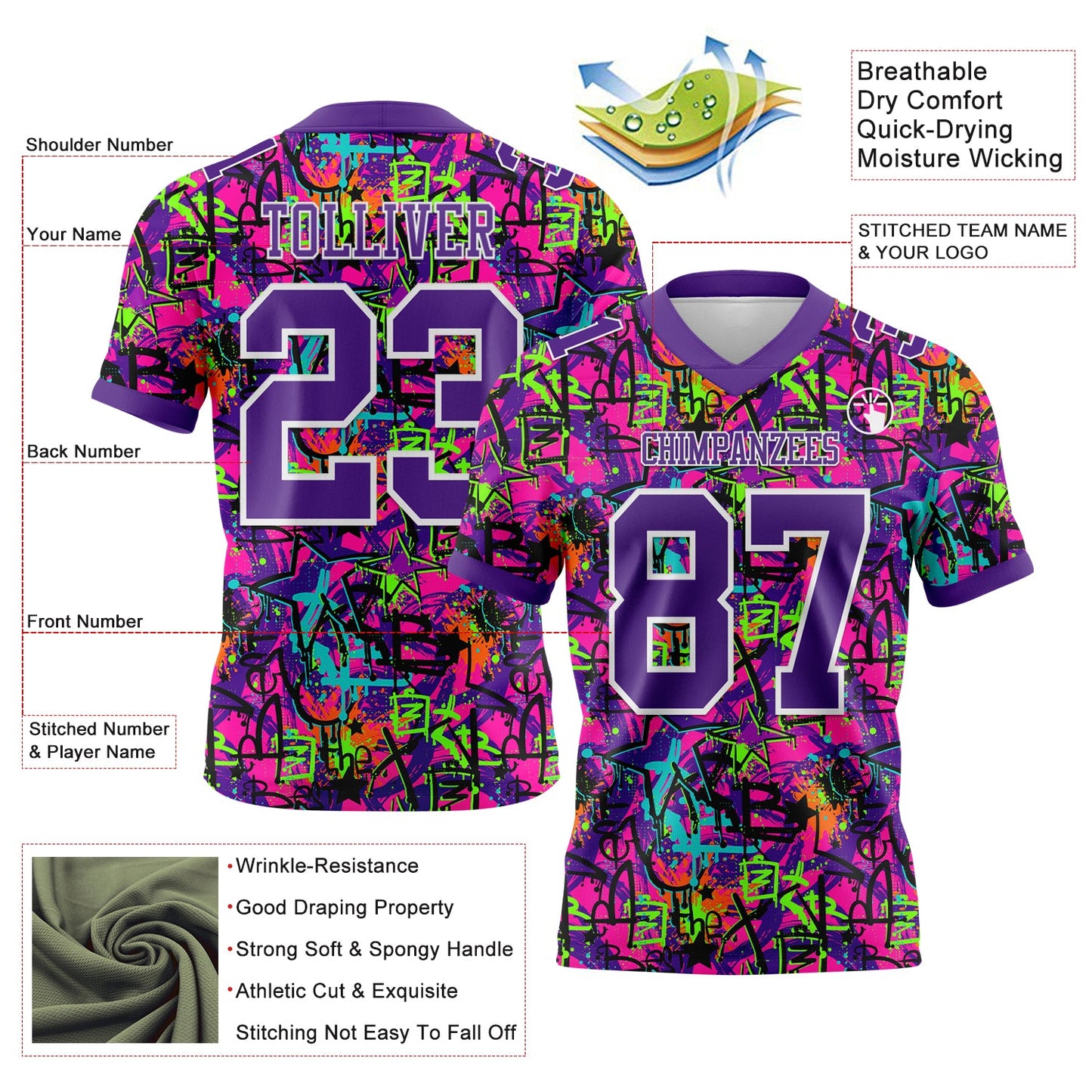 Custom Graffiti Pattern Purple-White 3D Pattern Splash Mesh Authentic Football Jersey