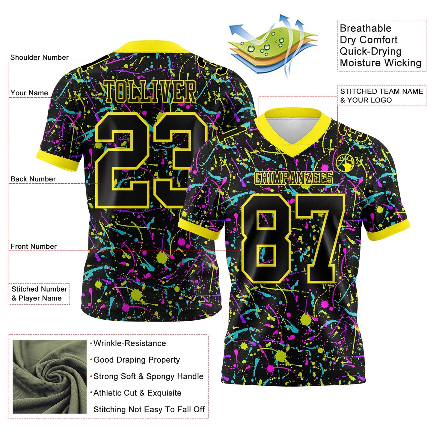 Custom Graffiti Pattern Black-Light Yellow 3D Pattern Splash Mesh Authentic Football Jersey