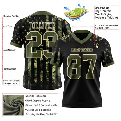 Custom Black Olive-Cream 3D Pattern American Flag Mesh Authentic Football Jersey