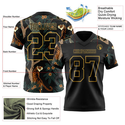 Custom Black Old Gold 3D Pattern Tiger And Peacock Mesh Authentic Football Jersey